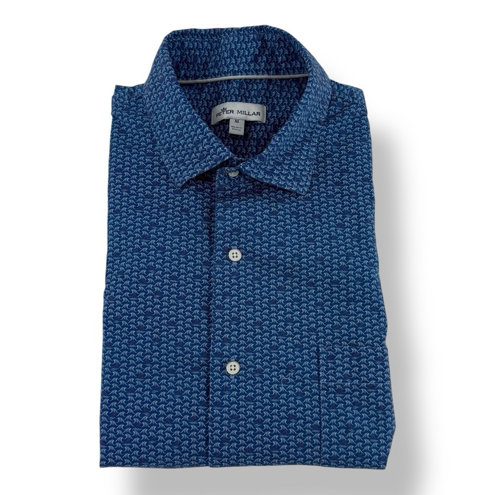 Peter Millar Crown Blue Shark Fin Wave Print Button Up Shirt Men's Size Medium